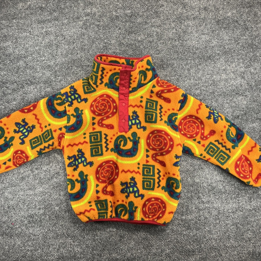 Vintage 90s L.L. Bean Kids Fleece Pullover – Orange Gecko Reptile Print- USA TAG